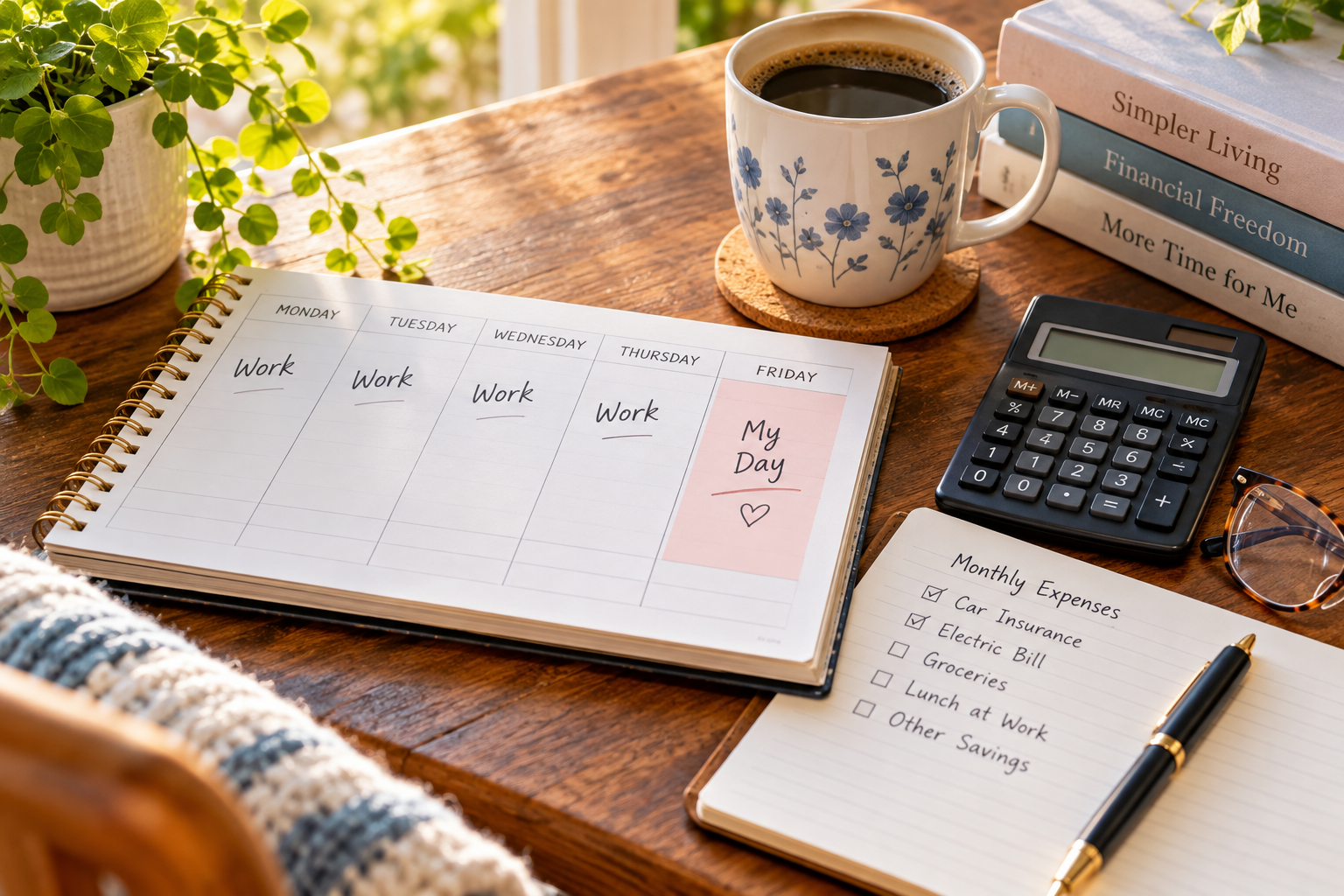 Weekly planner showing a four-day workweek and a personal day, with a calculator and monthly expenses checklist.